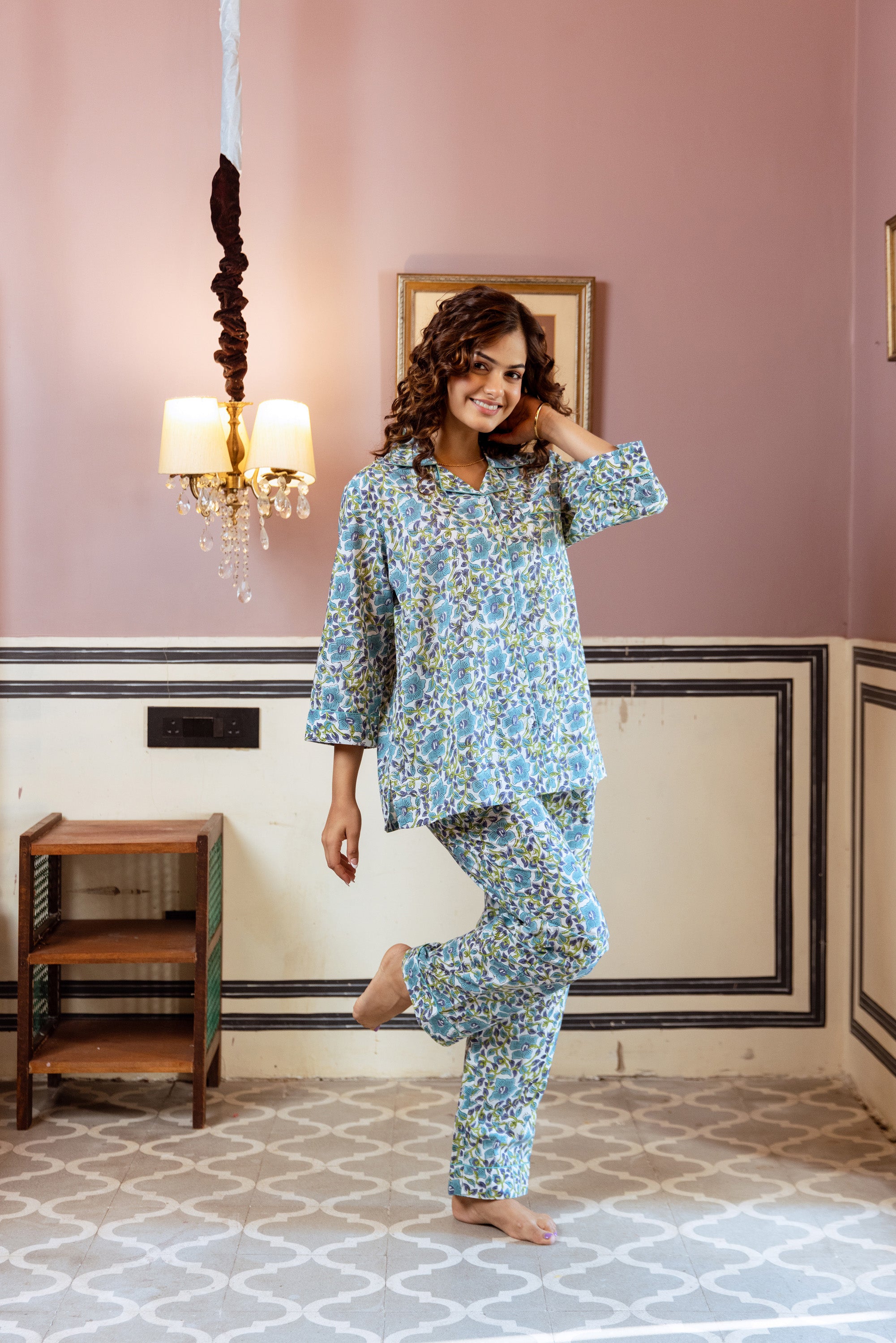 Blue Meadow Blossom block print Ladies PJ Set Rooh London