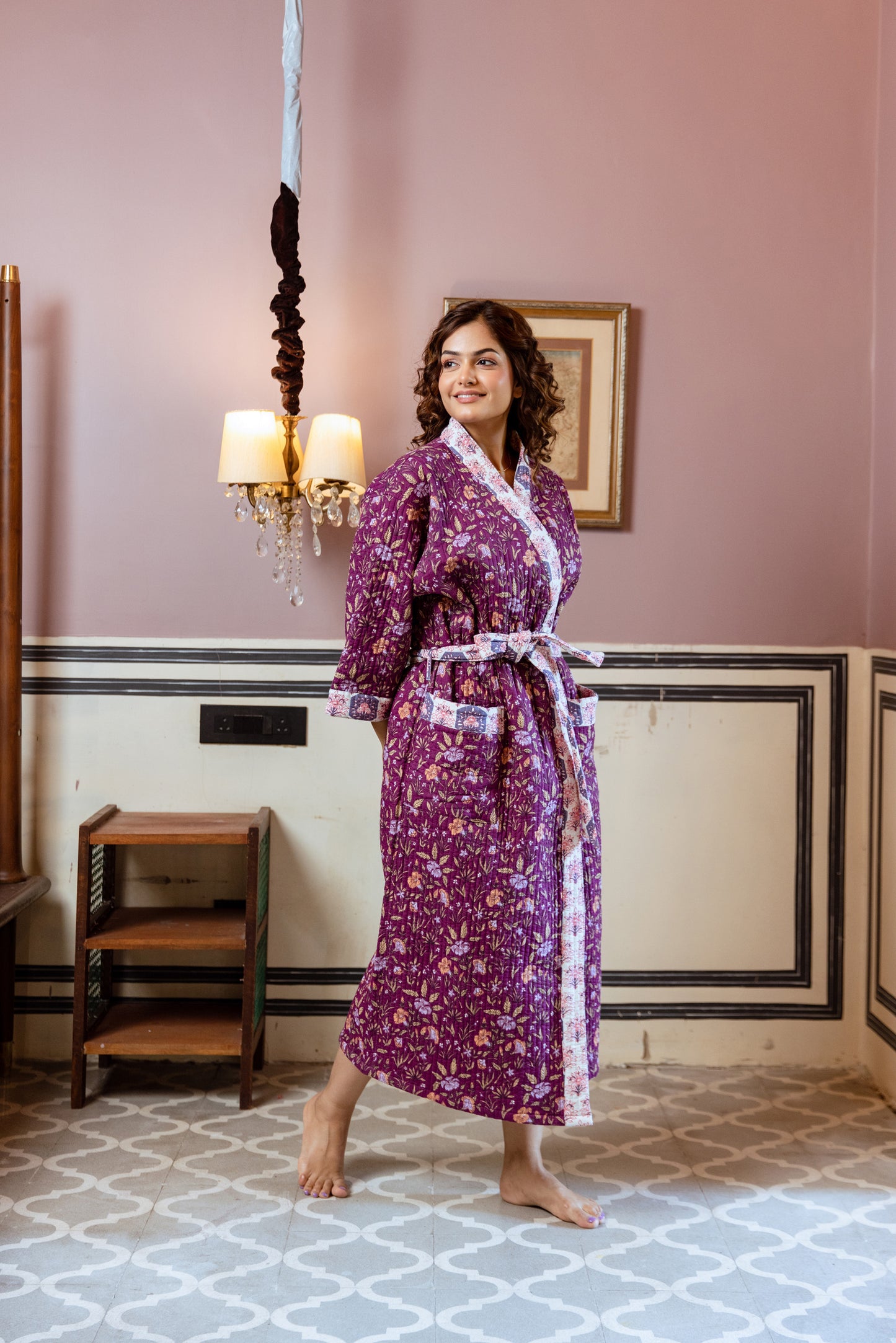 PURPLE FLORAL LUXURY QUILTED COTTON ROBE