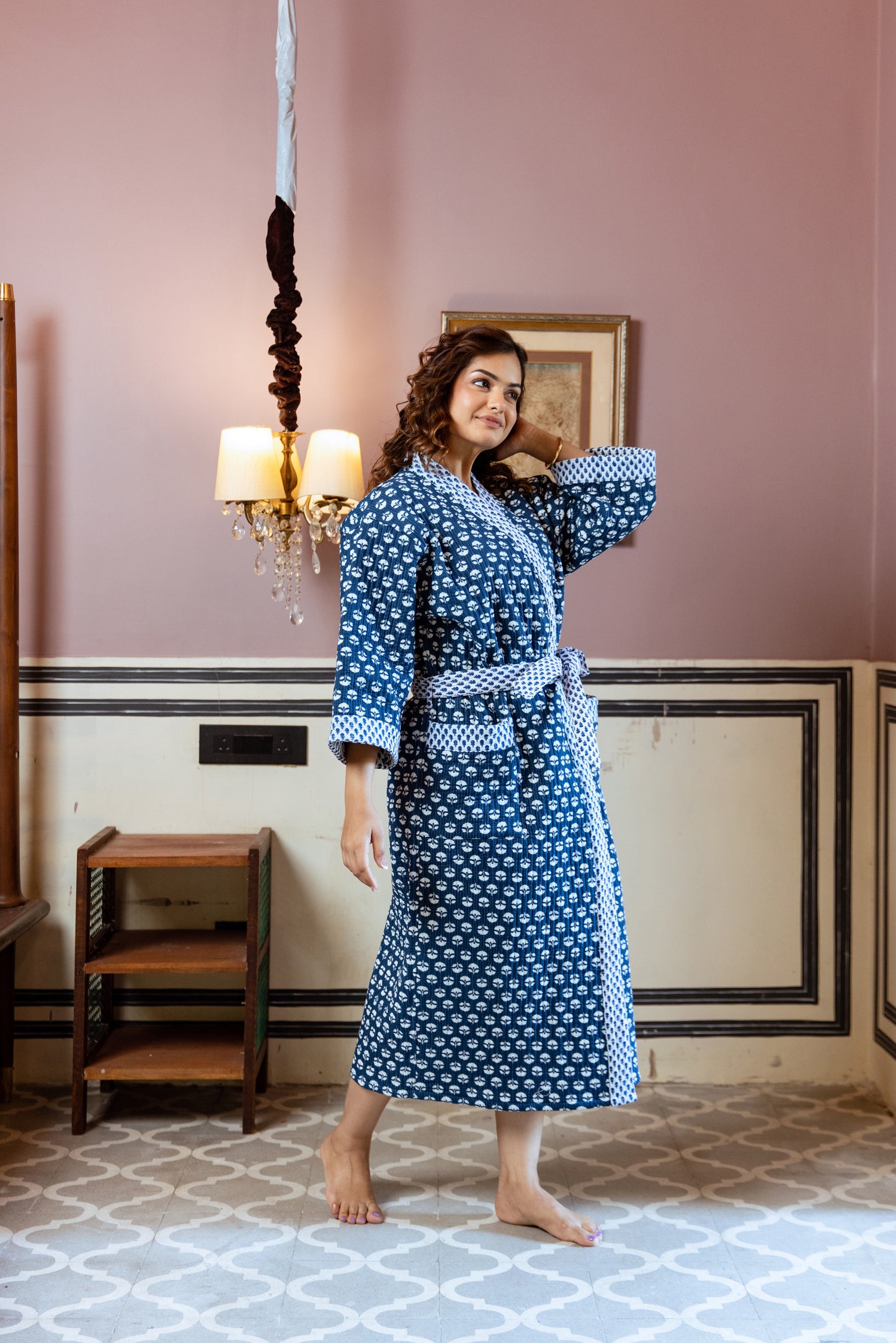 BLUE & WHITE FLORAL LUXURY QUILTED COTTON ROBE