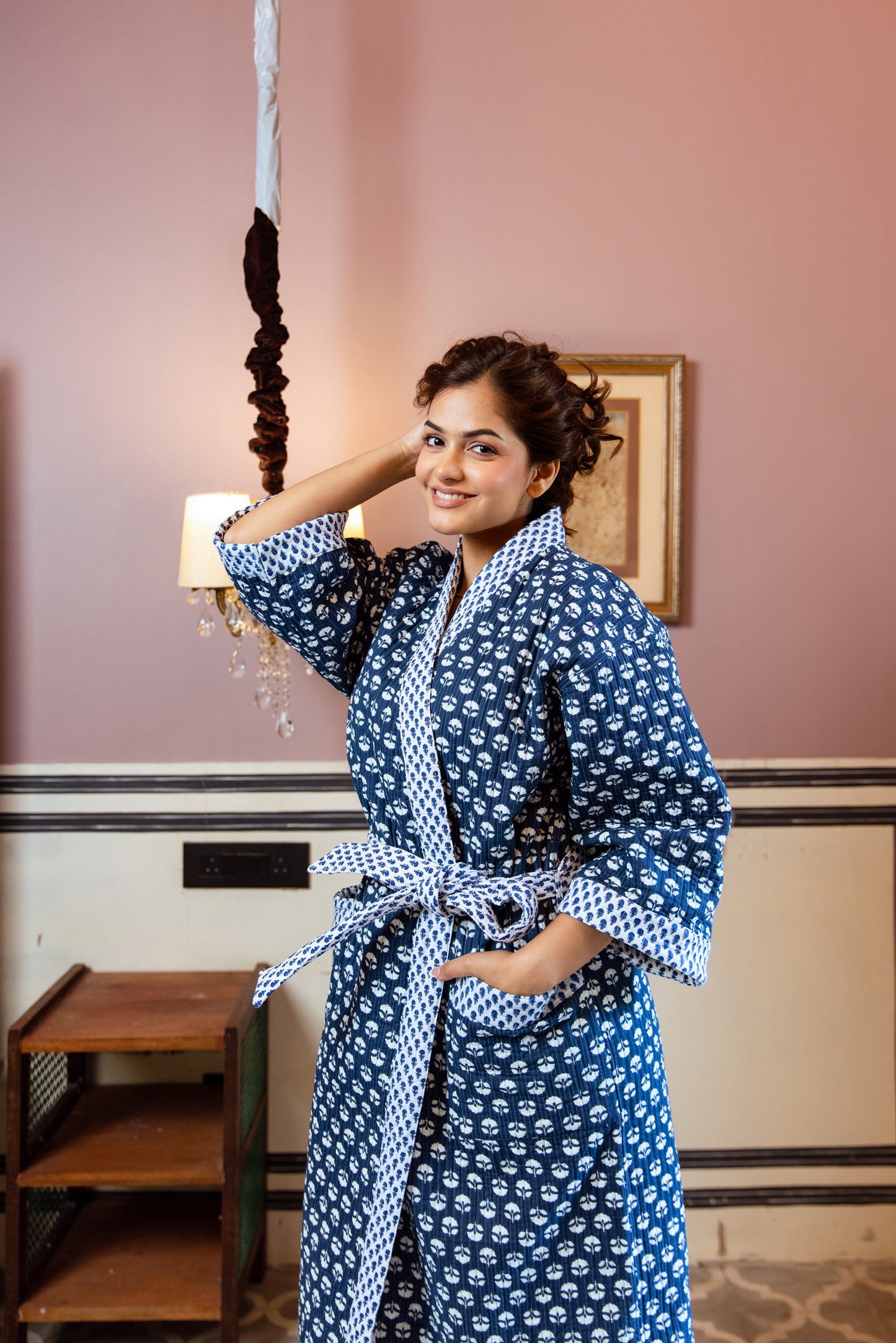 BLUE & WHITE FLORAL LUXURY QUILTED COTTON ROBE