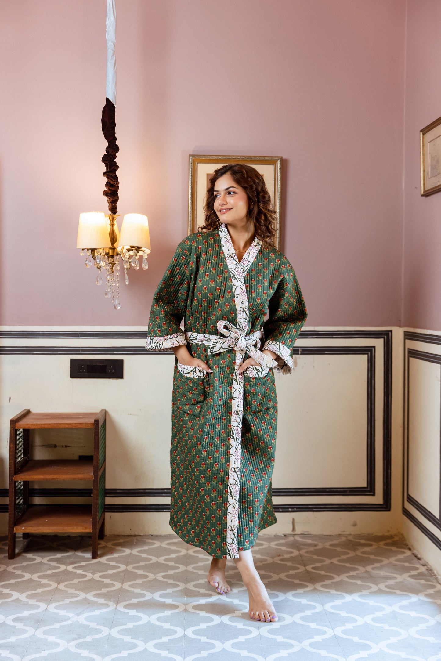 FOREST GREEN FLORAL LUXURY QUILTED COTTON ROBE