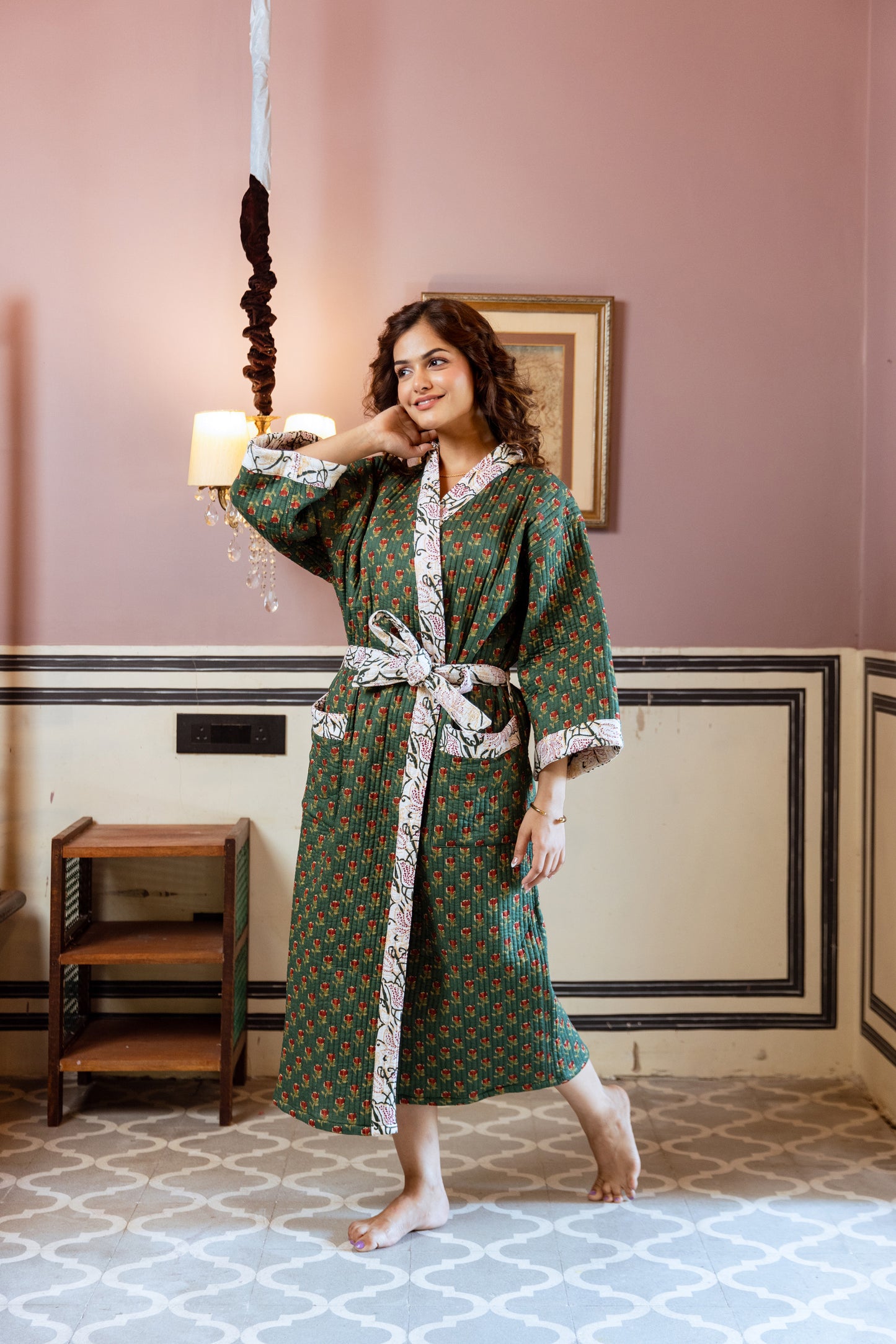 FOREST GREEN FLORAL LUXURY QUILTED COTTON ROBE