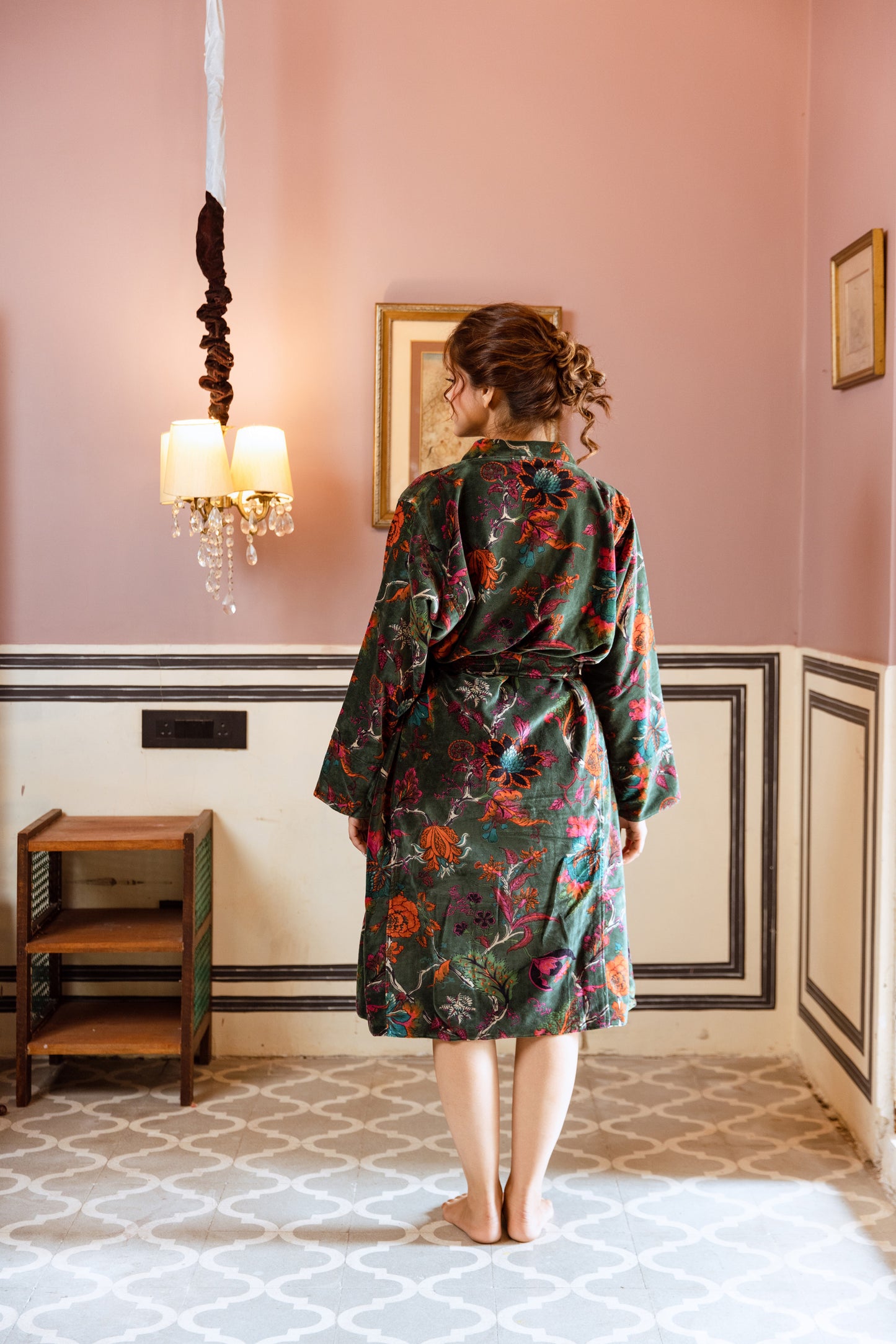 FOREST GREEN FLORAL VINE VELVET ROBE