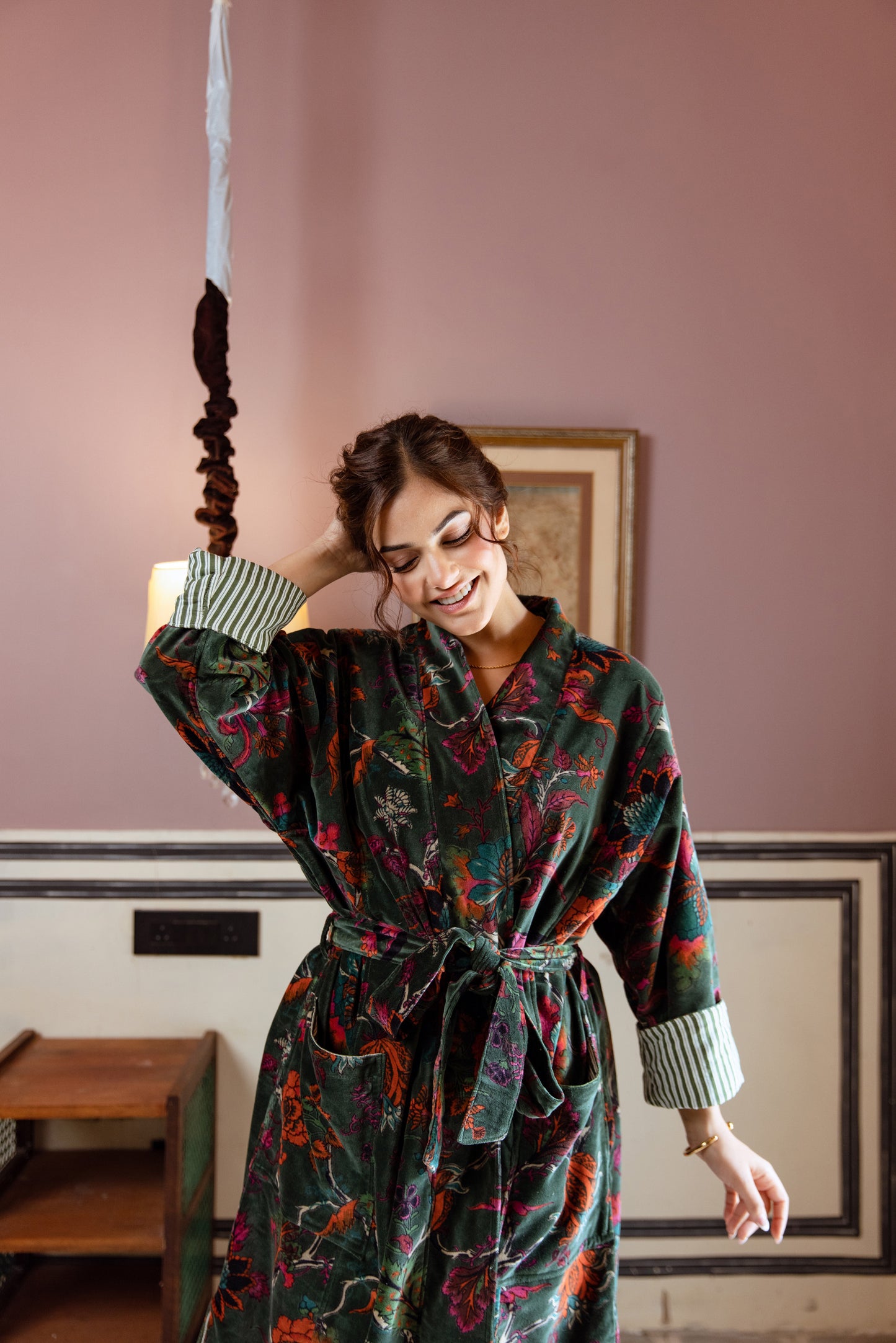 FOREST GREEN FLORAL VINE VELVET ROBE