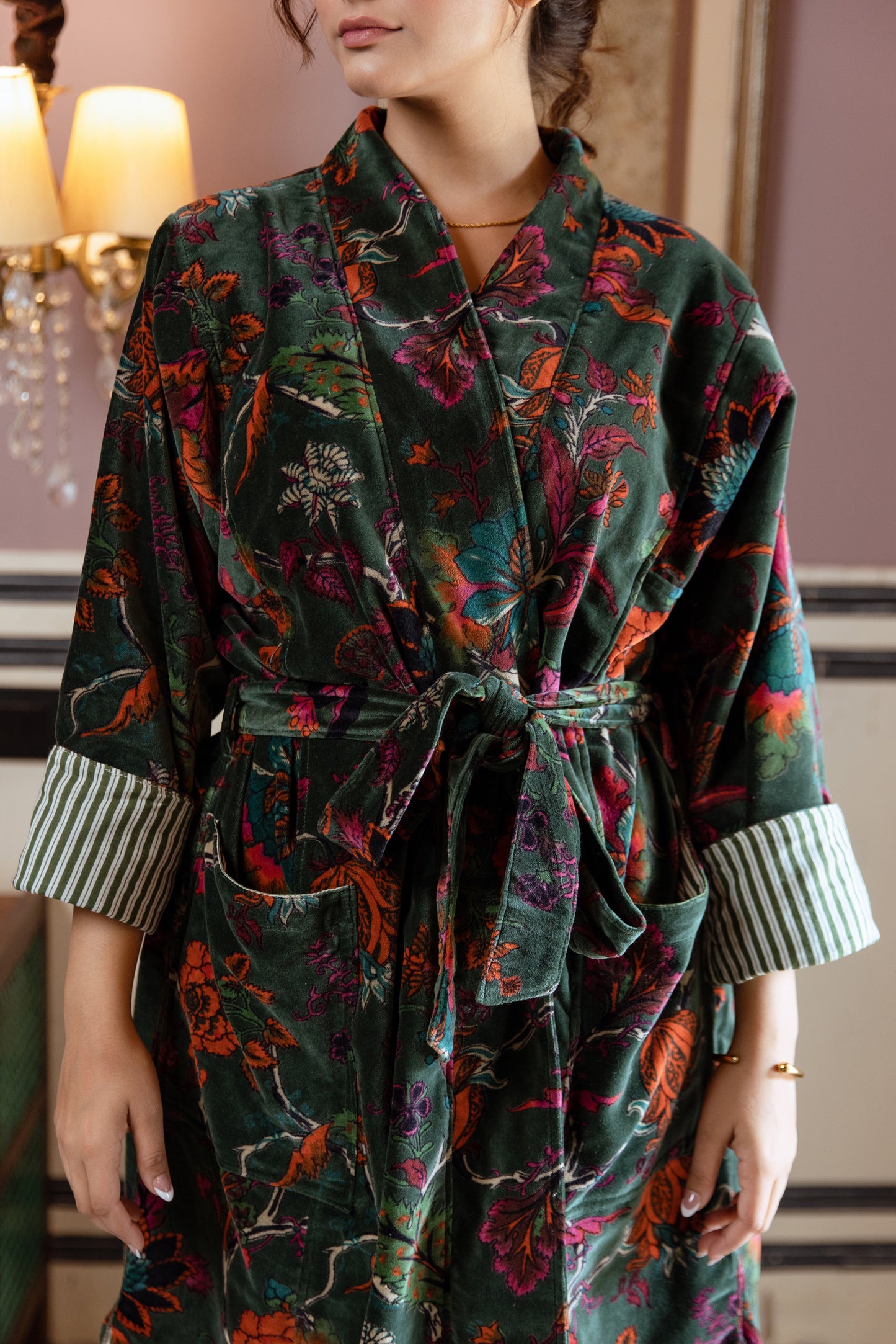 FOREST GREEN FLORAL VINE VELVET ROBE