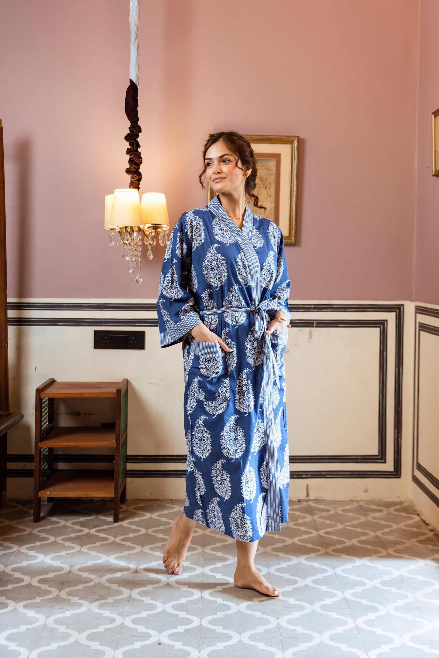 BLUE & WHITE PAISLEY COTTON ROBE