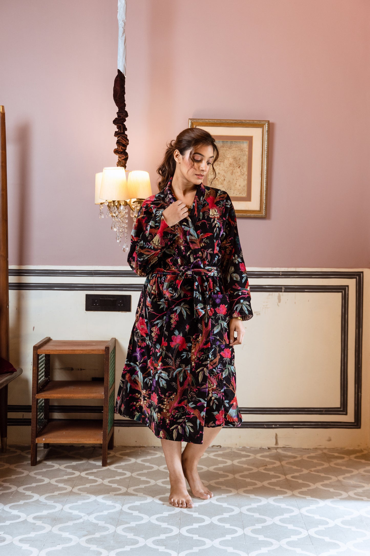 BLACK & RED FLORAL VINE VELVET ROBE