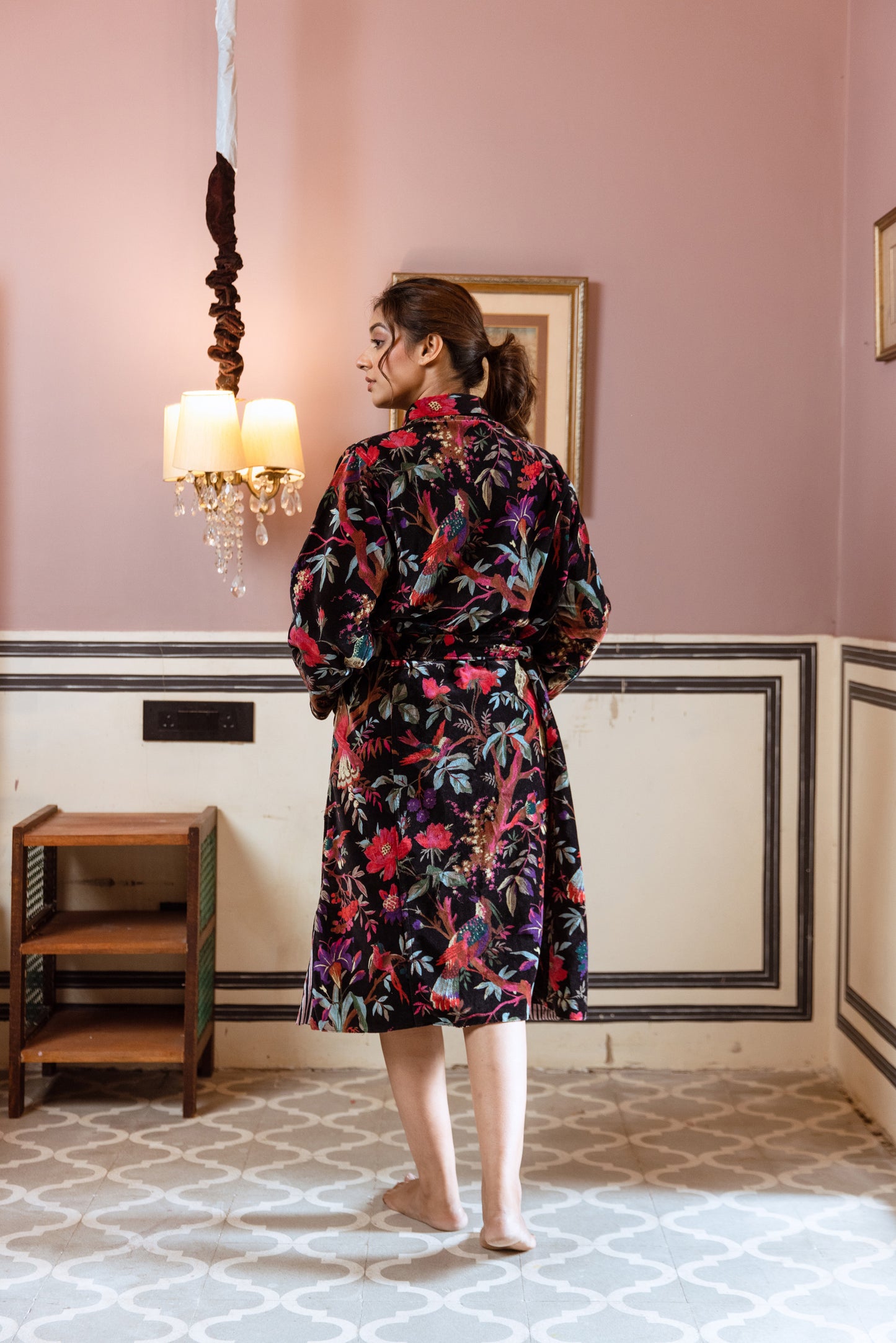 BLACK & RED FLORAL VINE VELVET ROBE