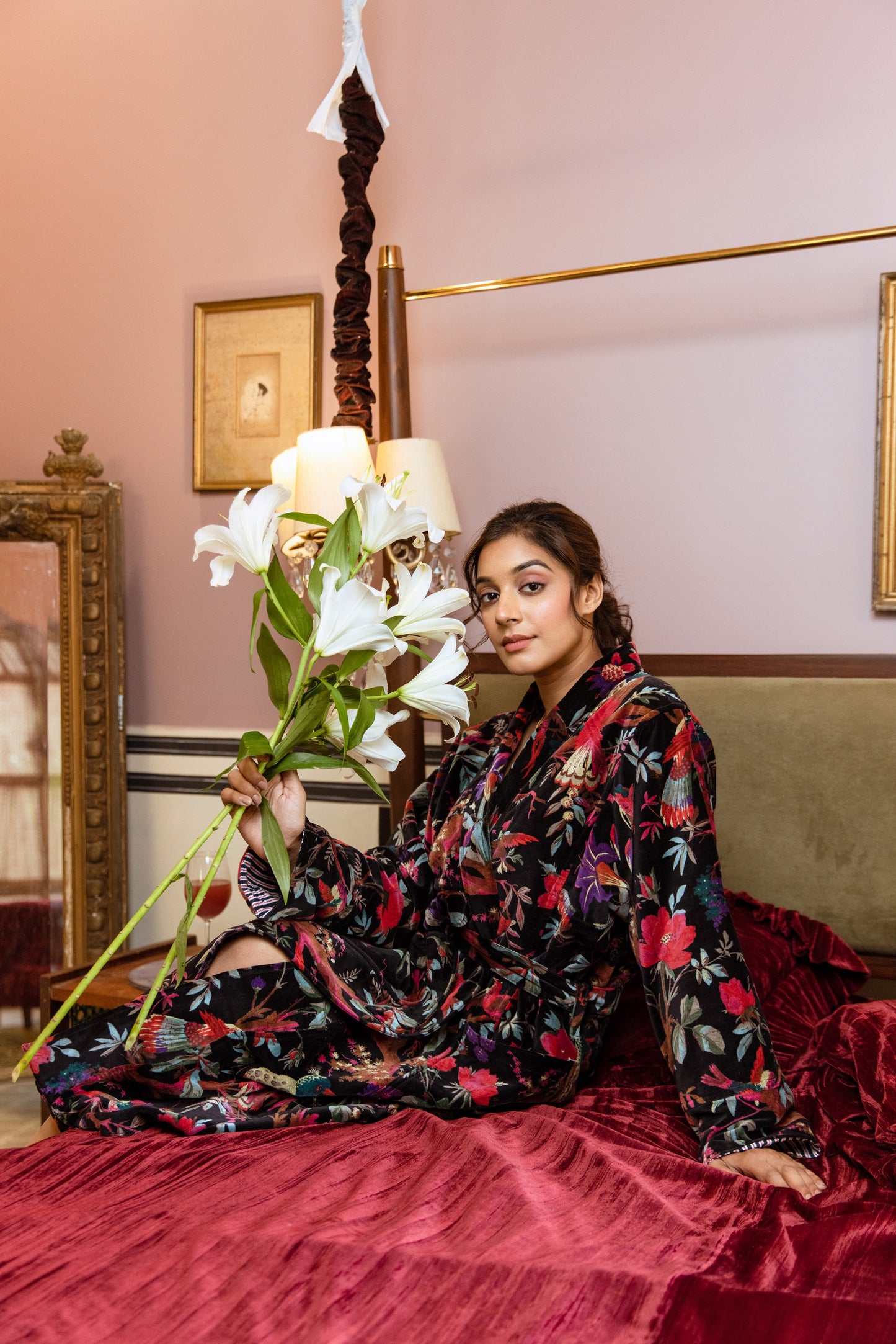 BLACK & RED FLORAL VINE VELVET ROBE