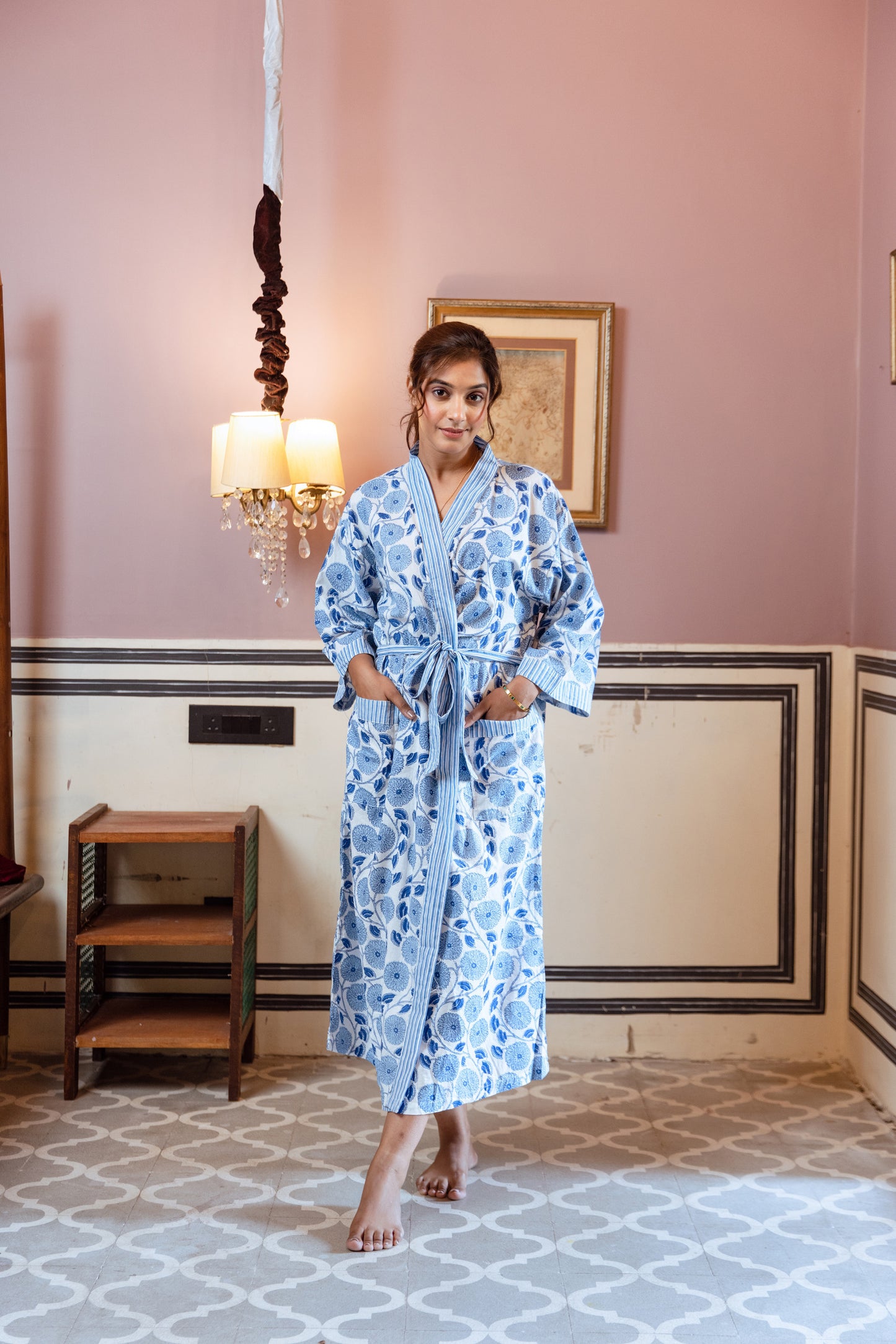 WHITE & BLUE FLORAL COTTON ROBE