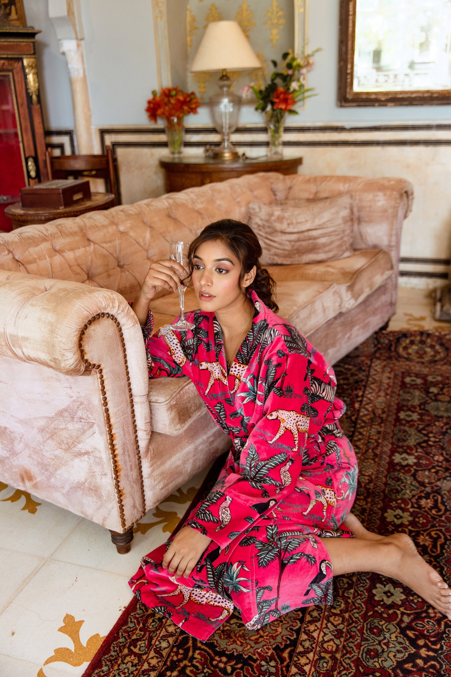 RANI PINK JUNGLE PRINT VELVET ROBE