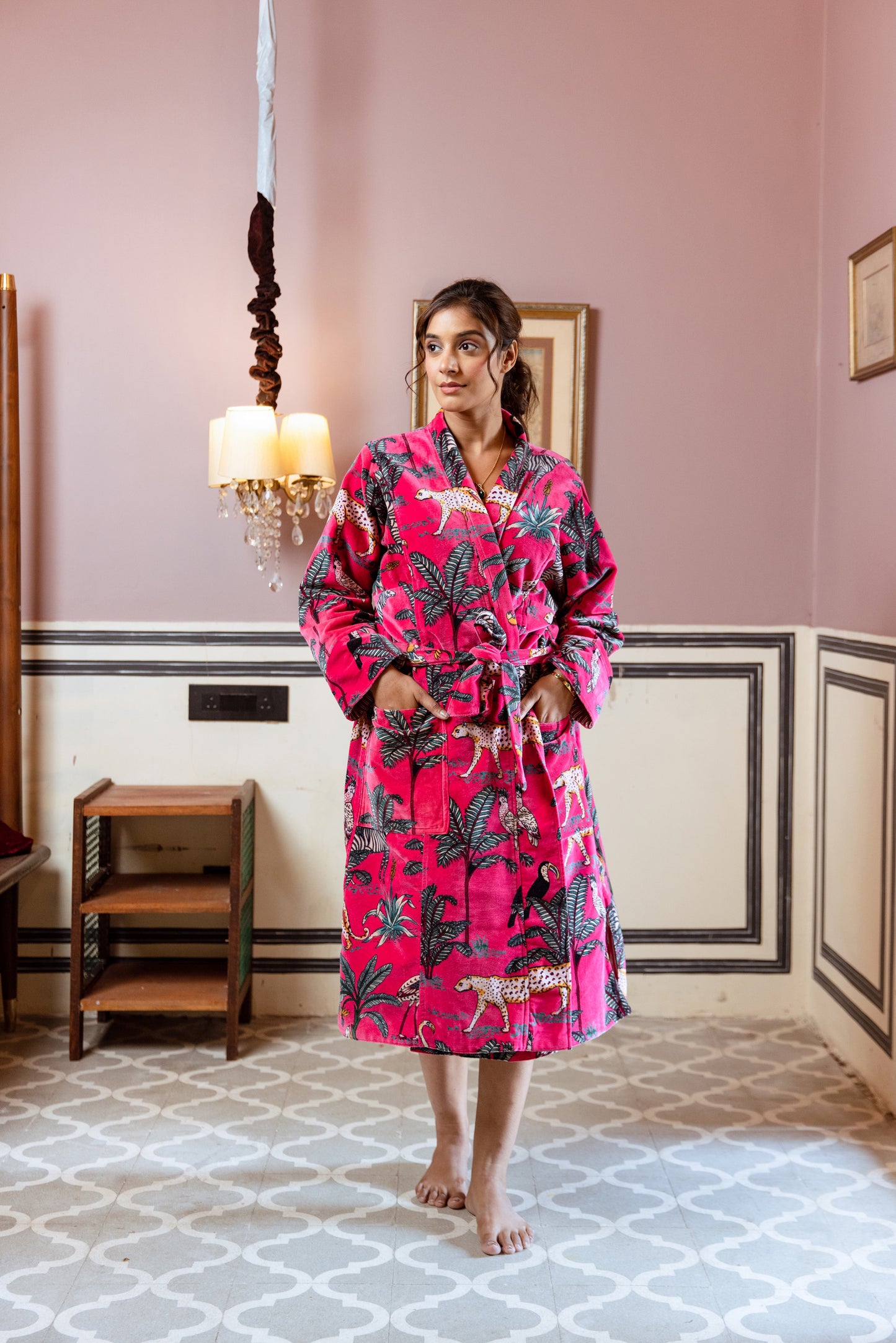 RANI PINK JUNGLE PRINT VELVET ROBE