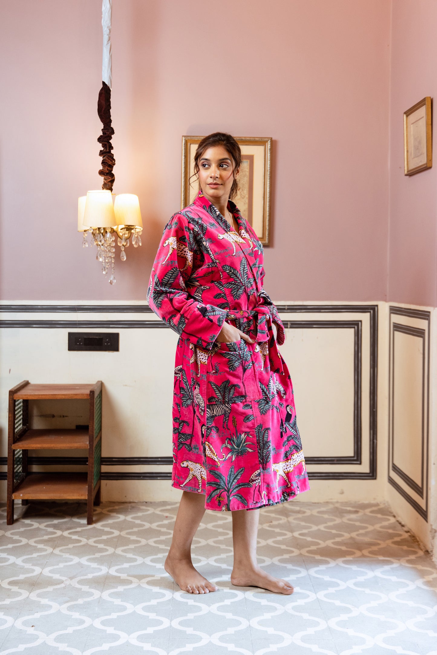 RANI PINK JUNGLE PRINT VELVET ROBE