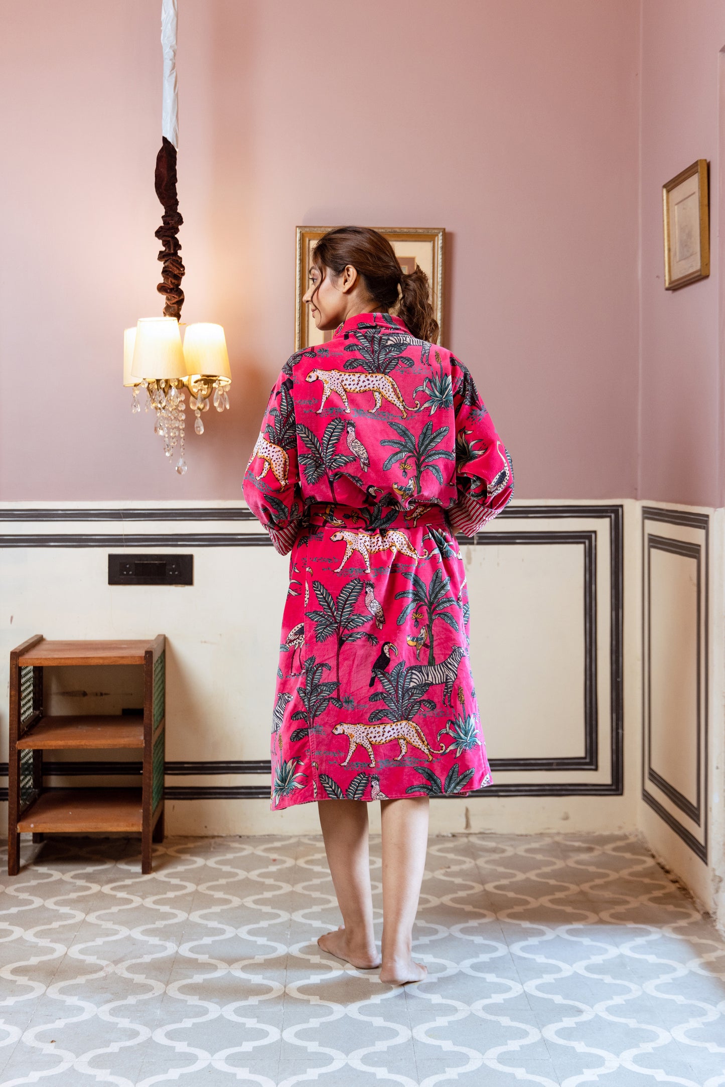 RANI PINK JUNGLE PRINT VELVET ROBE