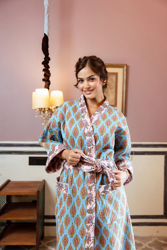 BLUE PAISLEY BLOSSOM LUXURY QUILTED COTTON ROBE