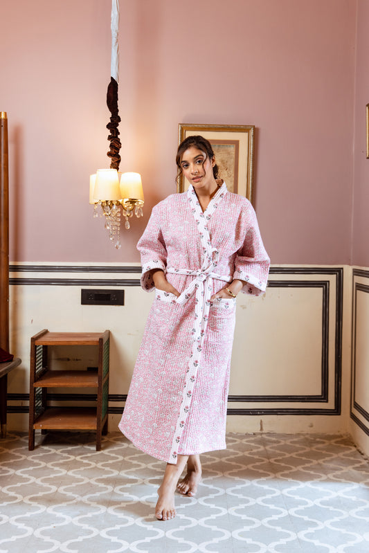 PINK FLORAL LUXURY QUILTED COTTON ROBE