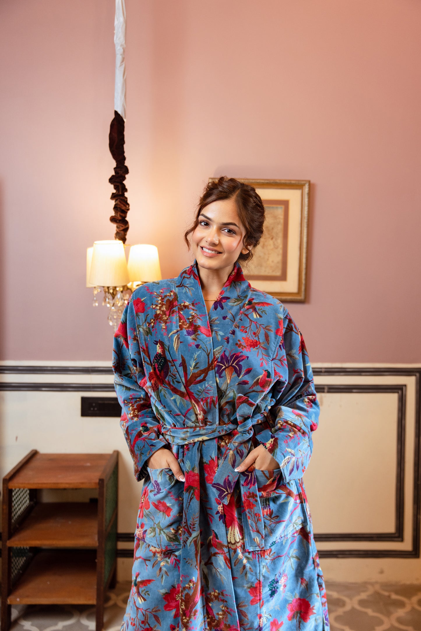 PEACOCK BLUE FLORAL VINE VELVET ROBE