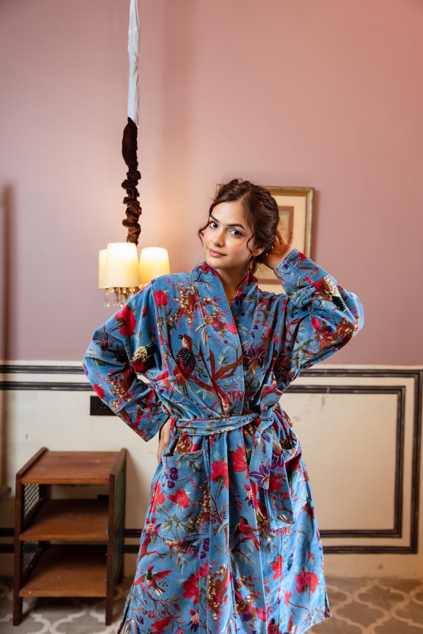 PEACOCK BLUE FLORAL VINE VELVET ROBE