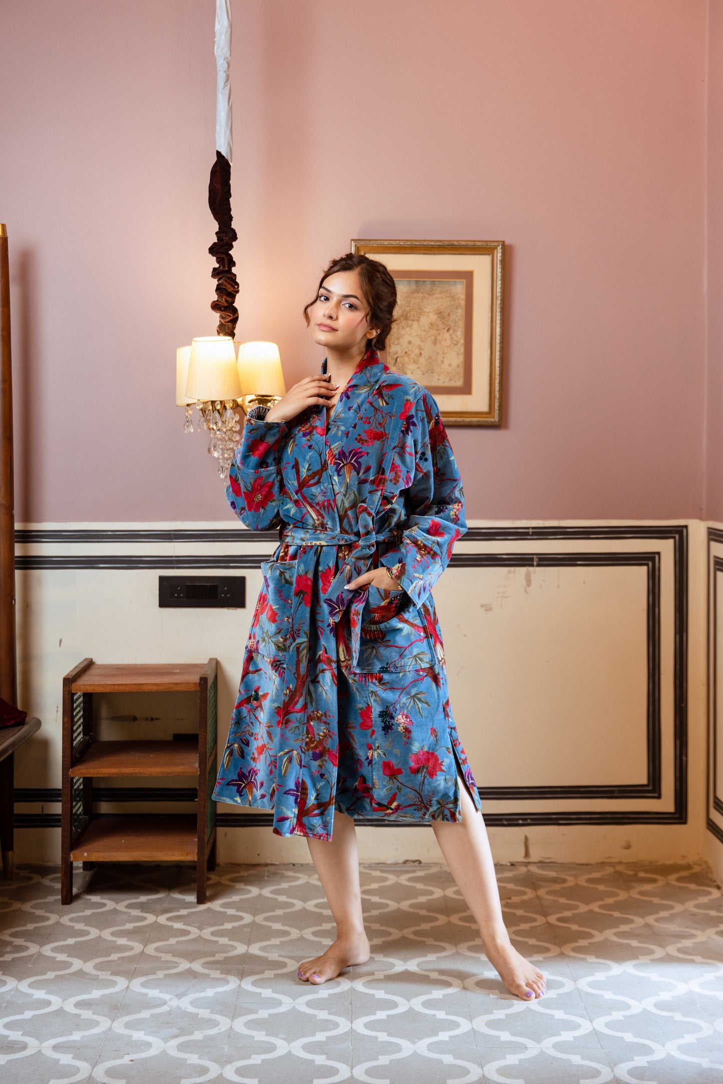 PEACOCK BLUE FLORAL VINE VELVET ROBE