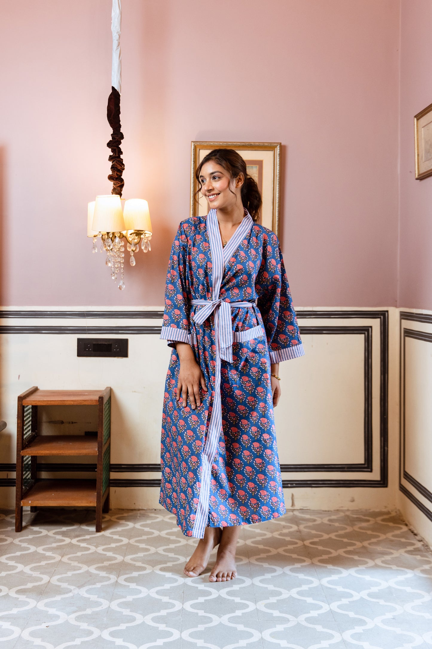 BLUE & PEACHY PINK FLORAL COTTON ROBE