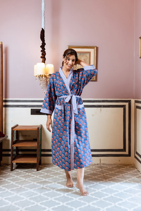 BLUE & PEACHY PINK FLORAL COTTON ROBE