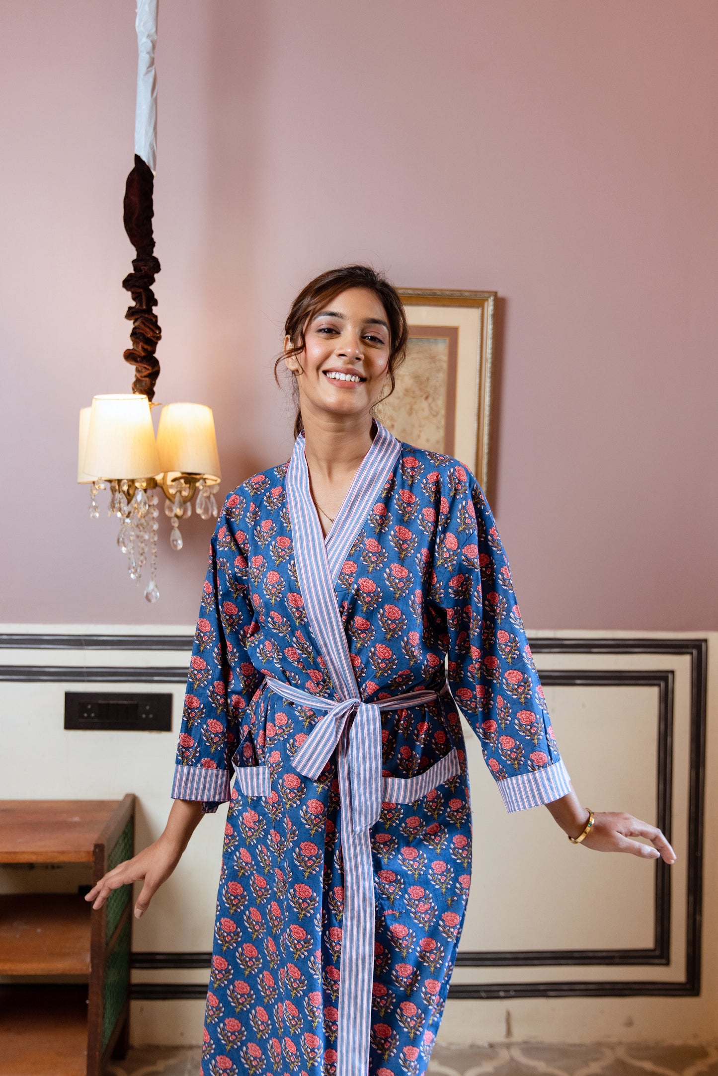 BLUE & PEACHY PINK FLORAL COTTON ROBE