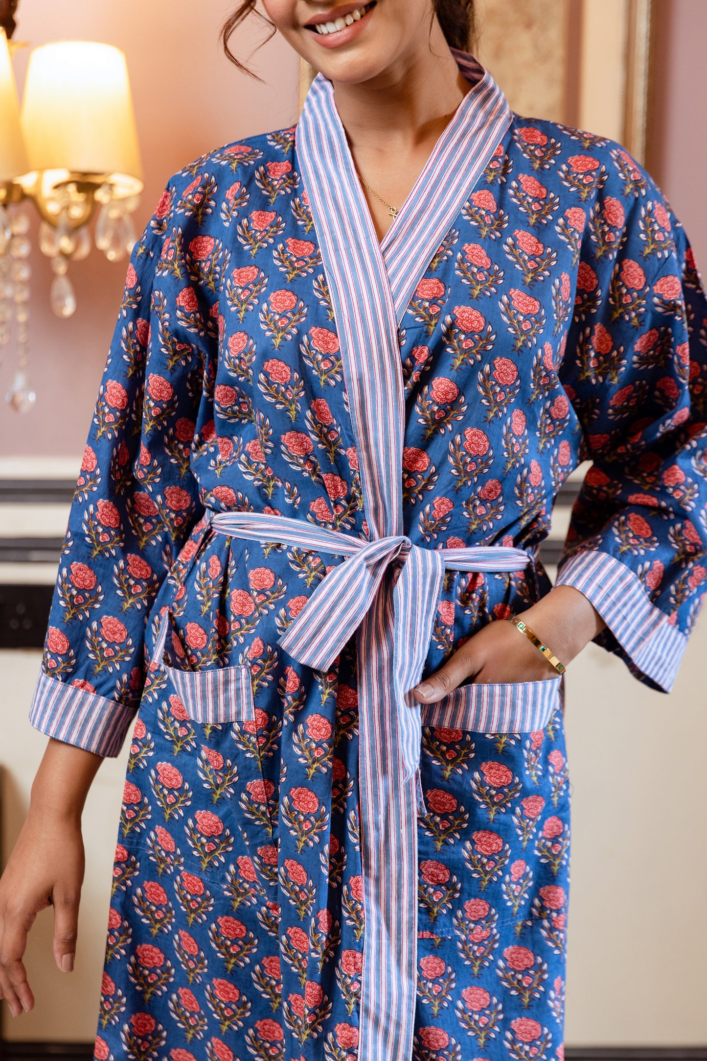 BLUE & PEACHY PINK FLORAL COTTON ROBE