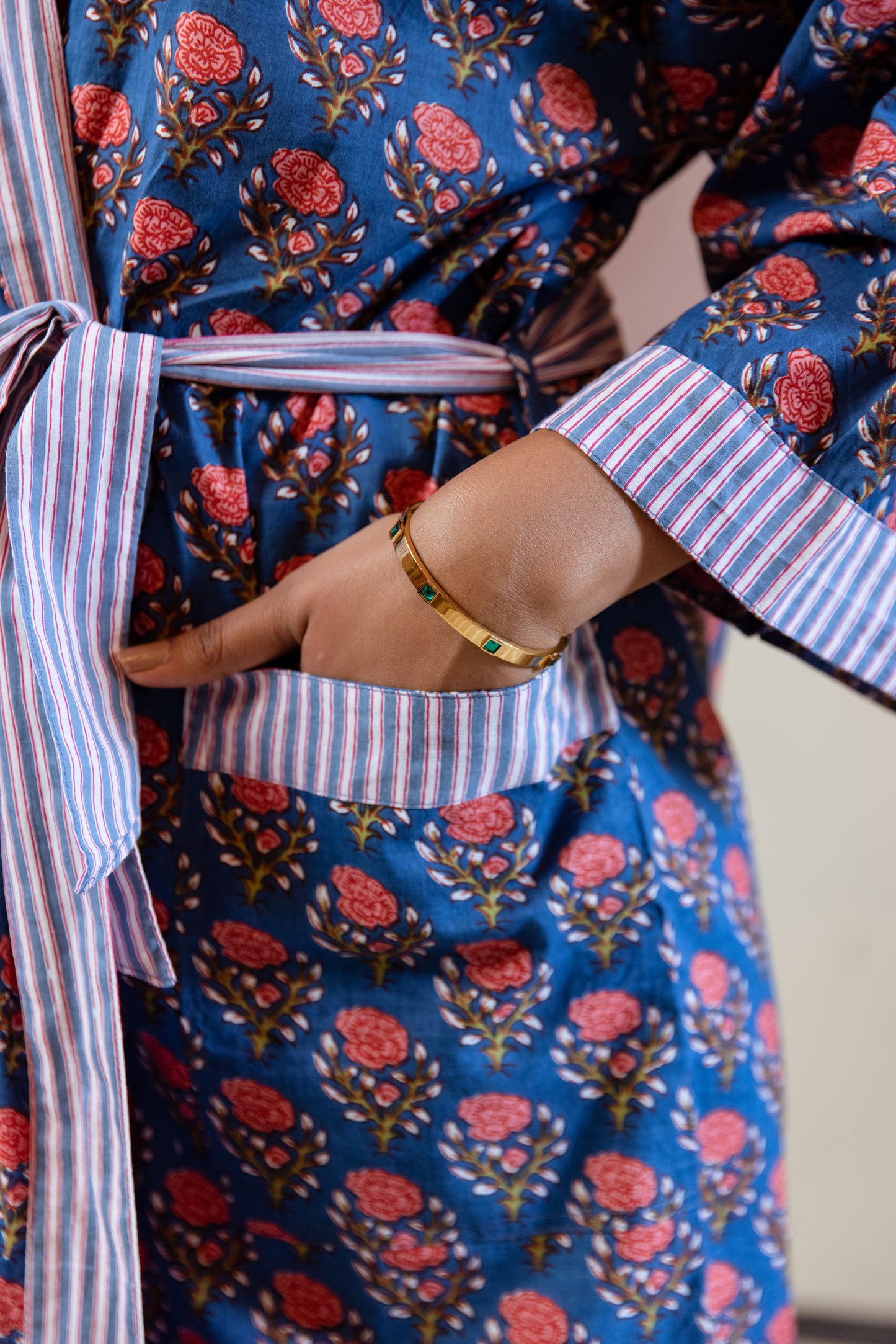 BLUE & PEACHY PINK FLORAL COTTON ROBE