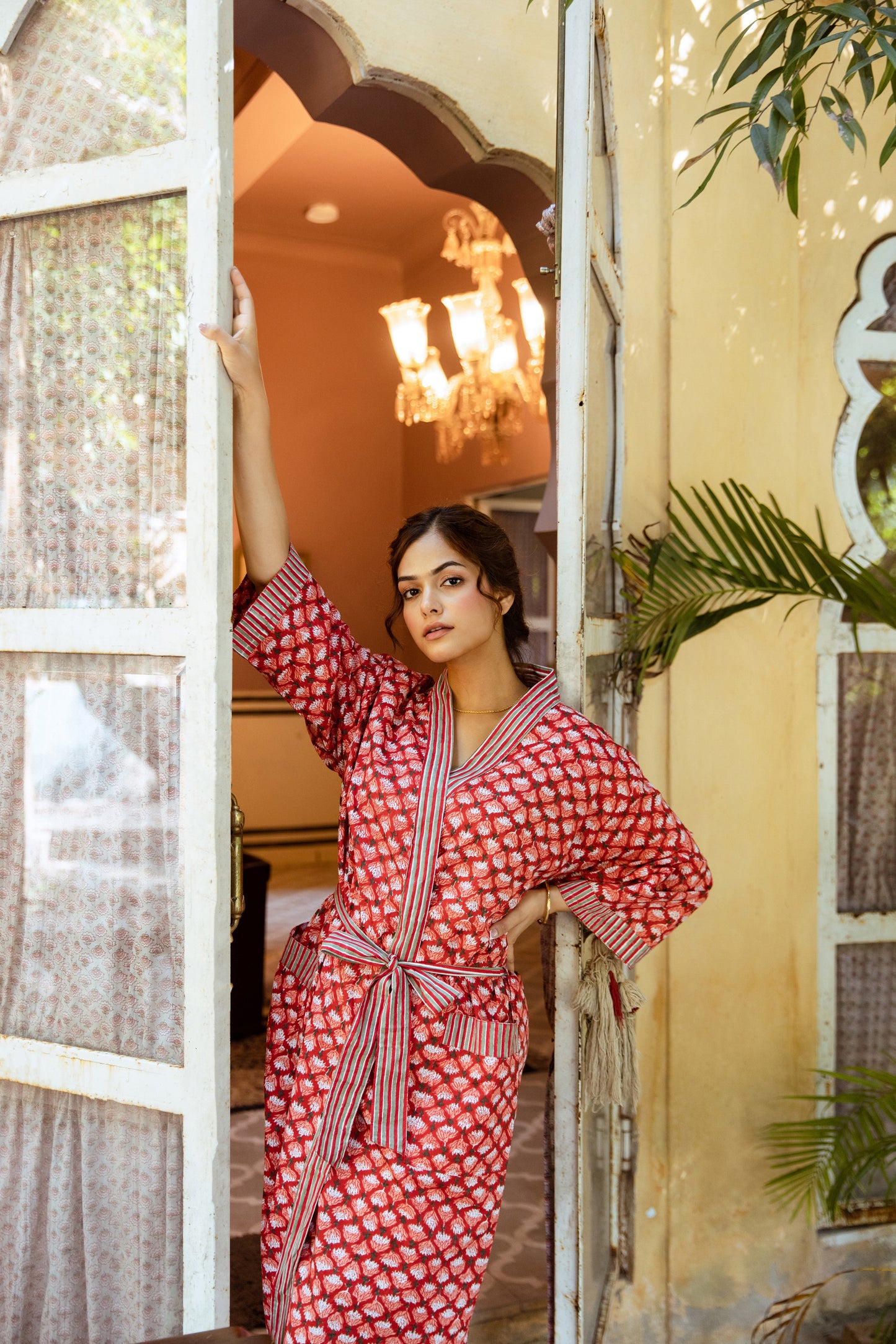 Red Floral Booti Pattern Block Print Gown