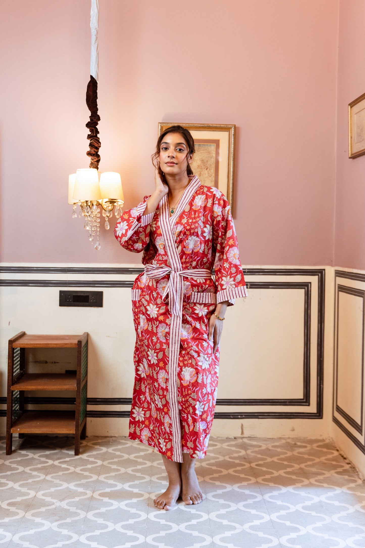 RED FLORAL VINE COTTON ROBE