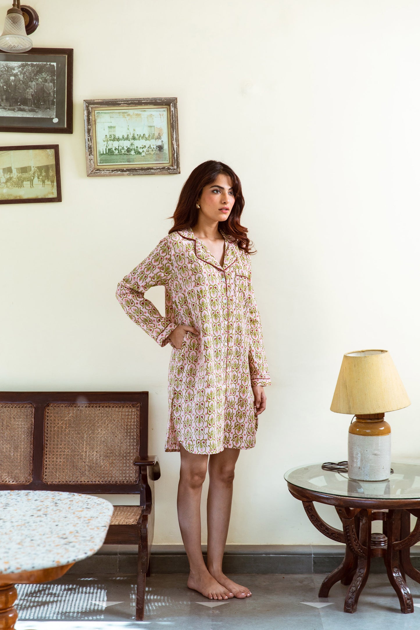 PEACH & GREEN FLORAL VINE BLOCK PRINT COTTON NIGHTSHIRT