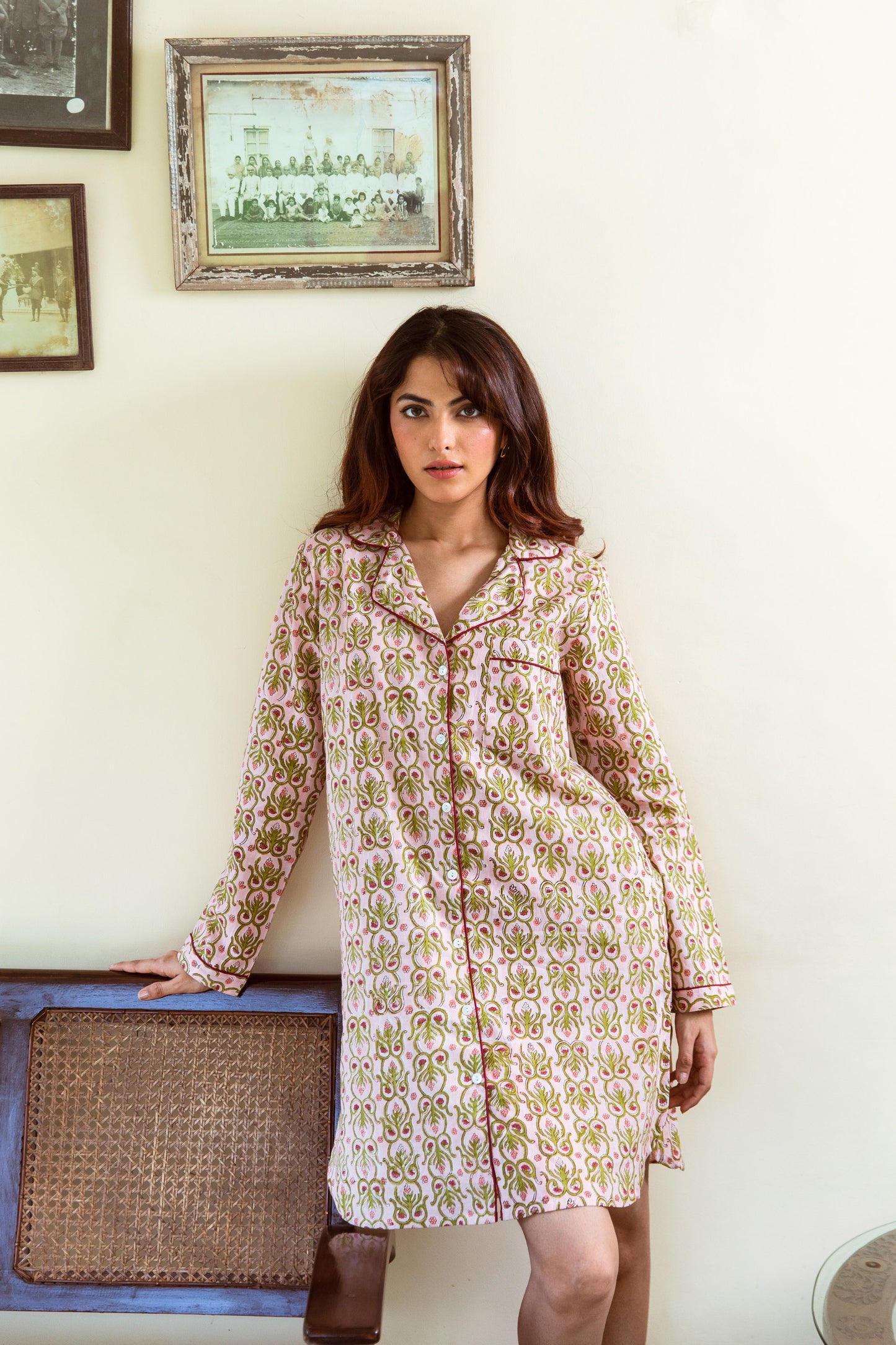 PEACH & GREEN FLORAL VINE BLOCK PRINT COTTON NIGHTSHIRT