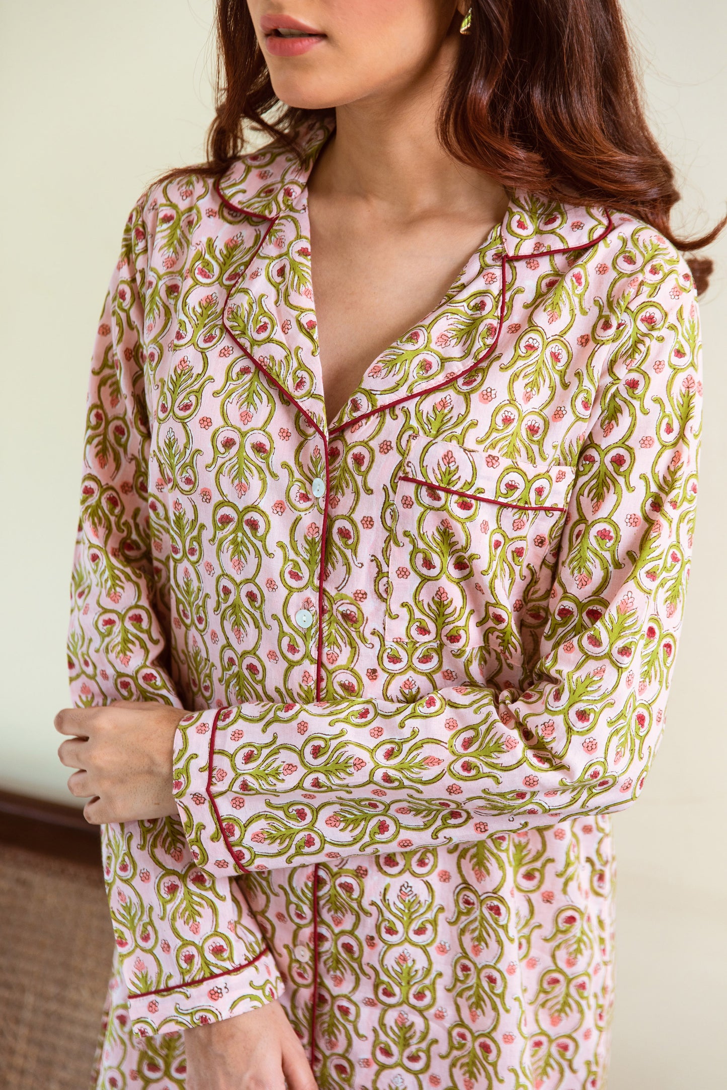 PEACH & GREEN FLORAL VINE BLOCK PRINT COTTON NIGHTSHIRT