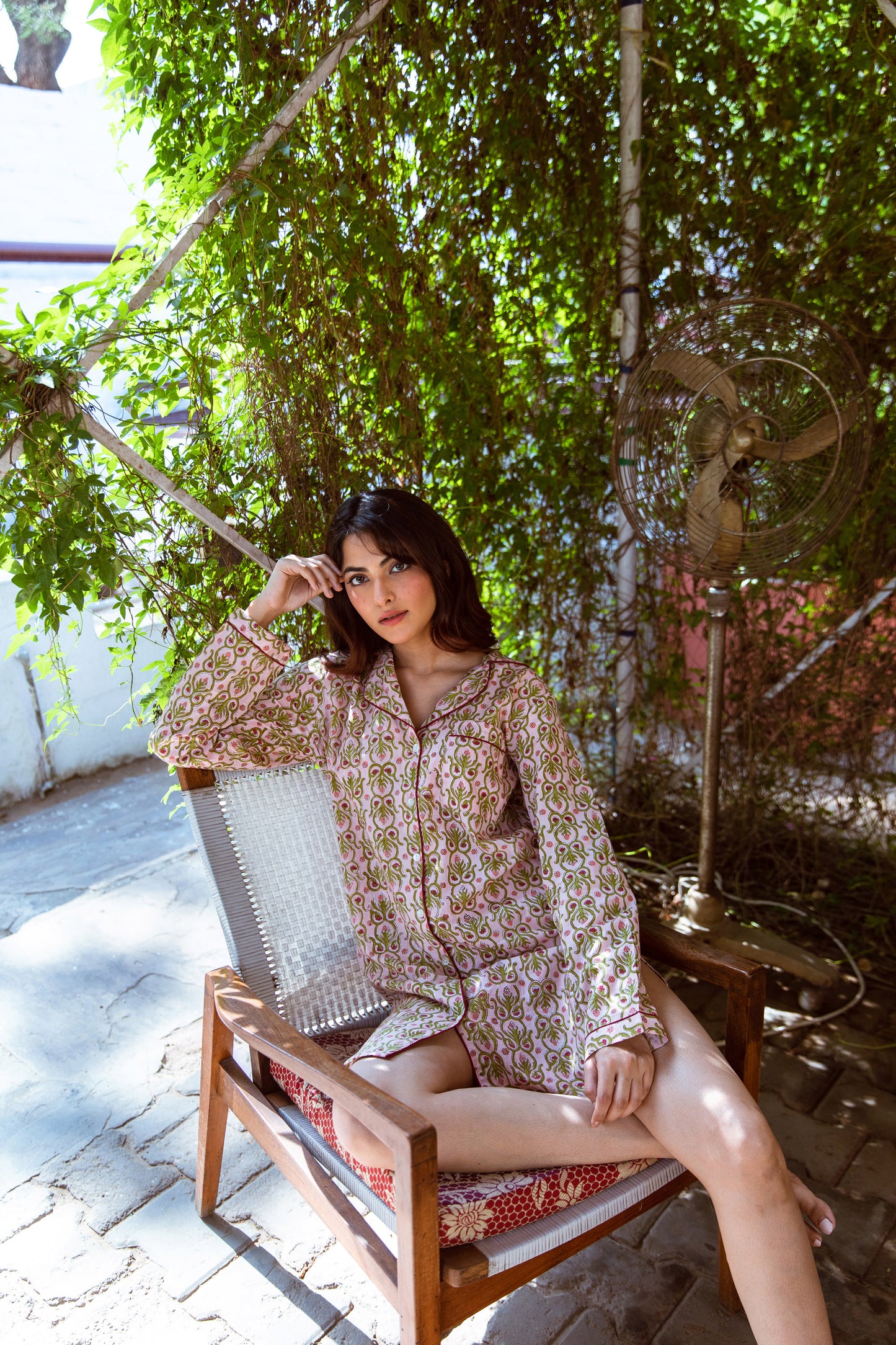 PEACH & GREEN FLORAL VINE BLOCK PRINT COTTON NIGHTSHIRT