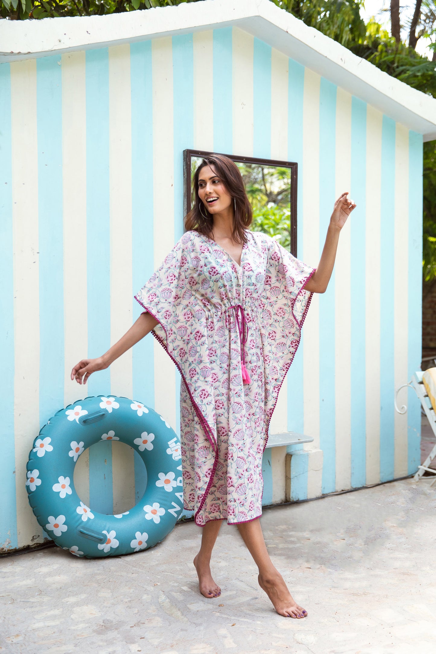 ALIA BLOCK PRINT KAFTAN IN PEACH & PINK FLORAL VINE