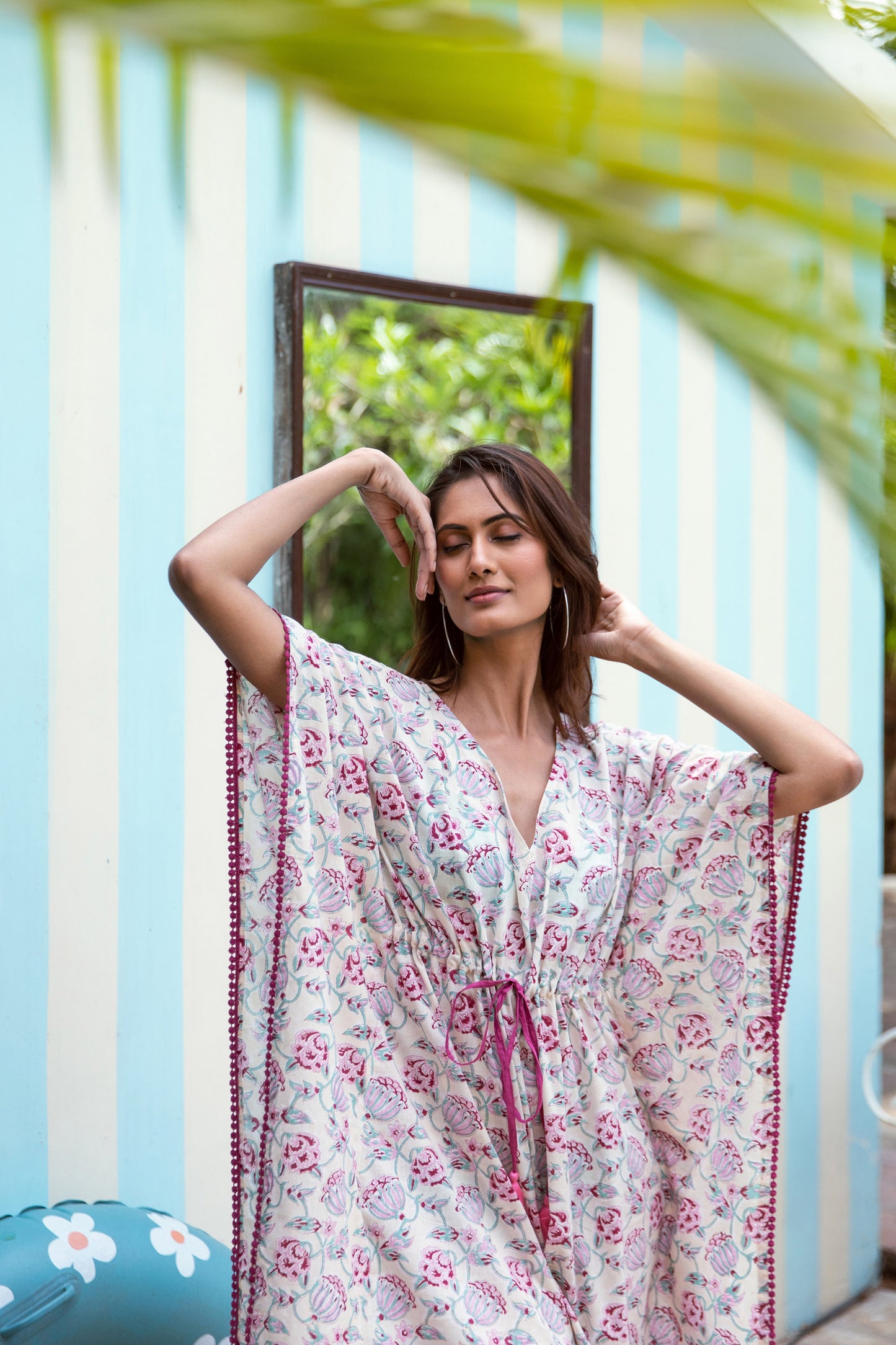 ALIA BLOCK PRINT KAFTAN IN PEACH & PINK FLORAL VINE