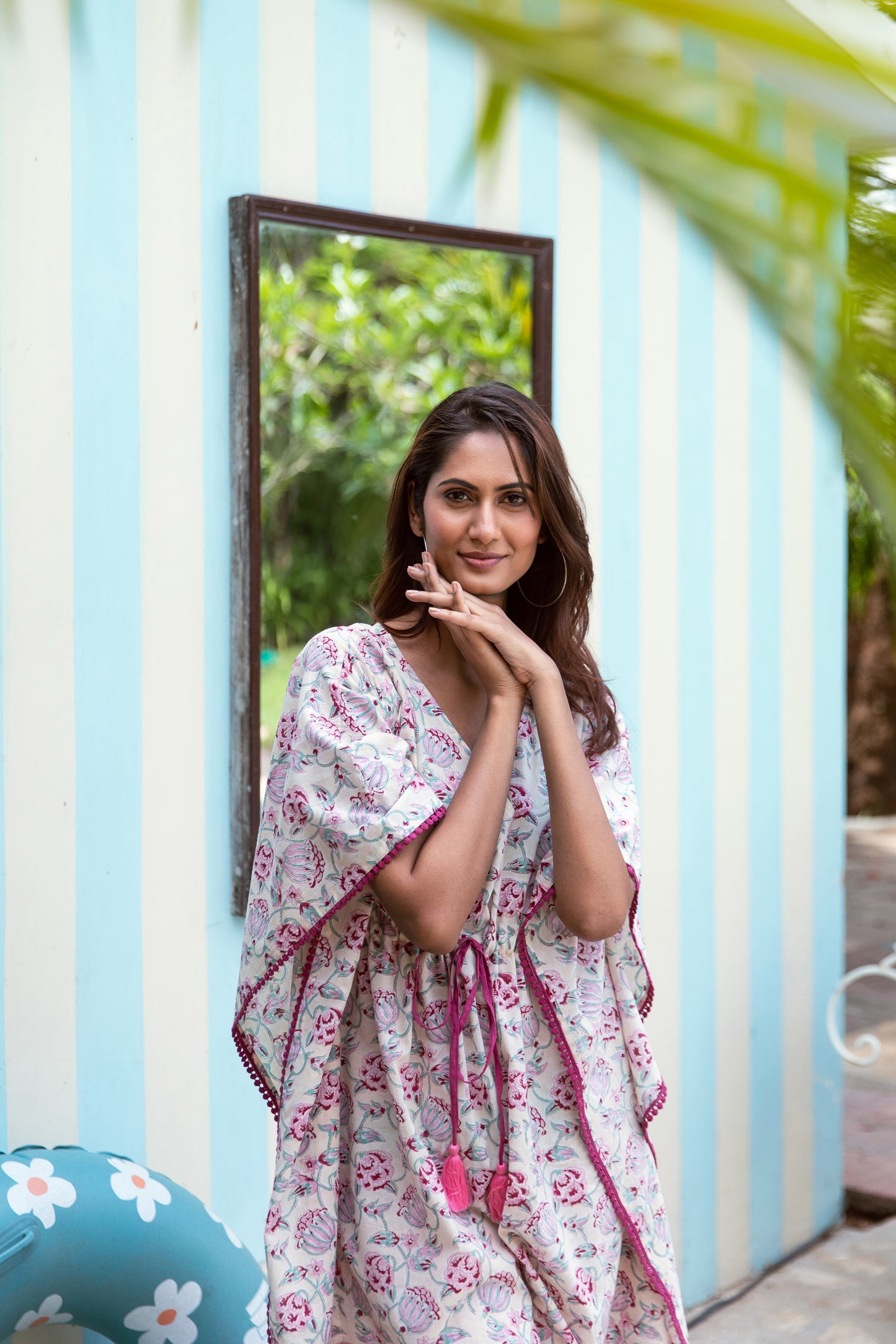 ALIA BLOCK PRINT KAFTAN IN PEACH & PINK FLORAL VINE