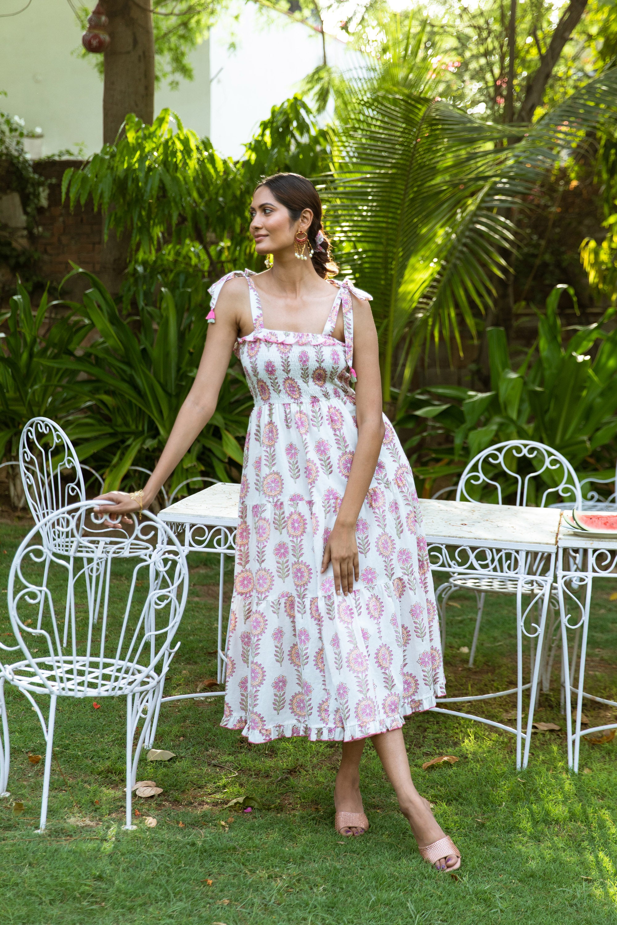 DIYA BLOCK PRINT COTTON SUMMER DRESS WHITE PINK FLORAL