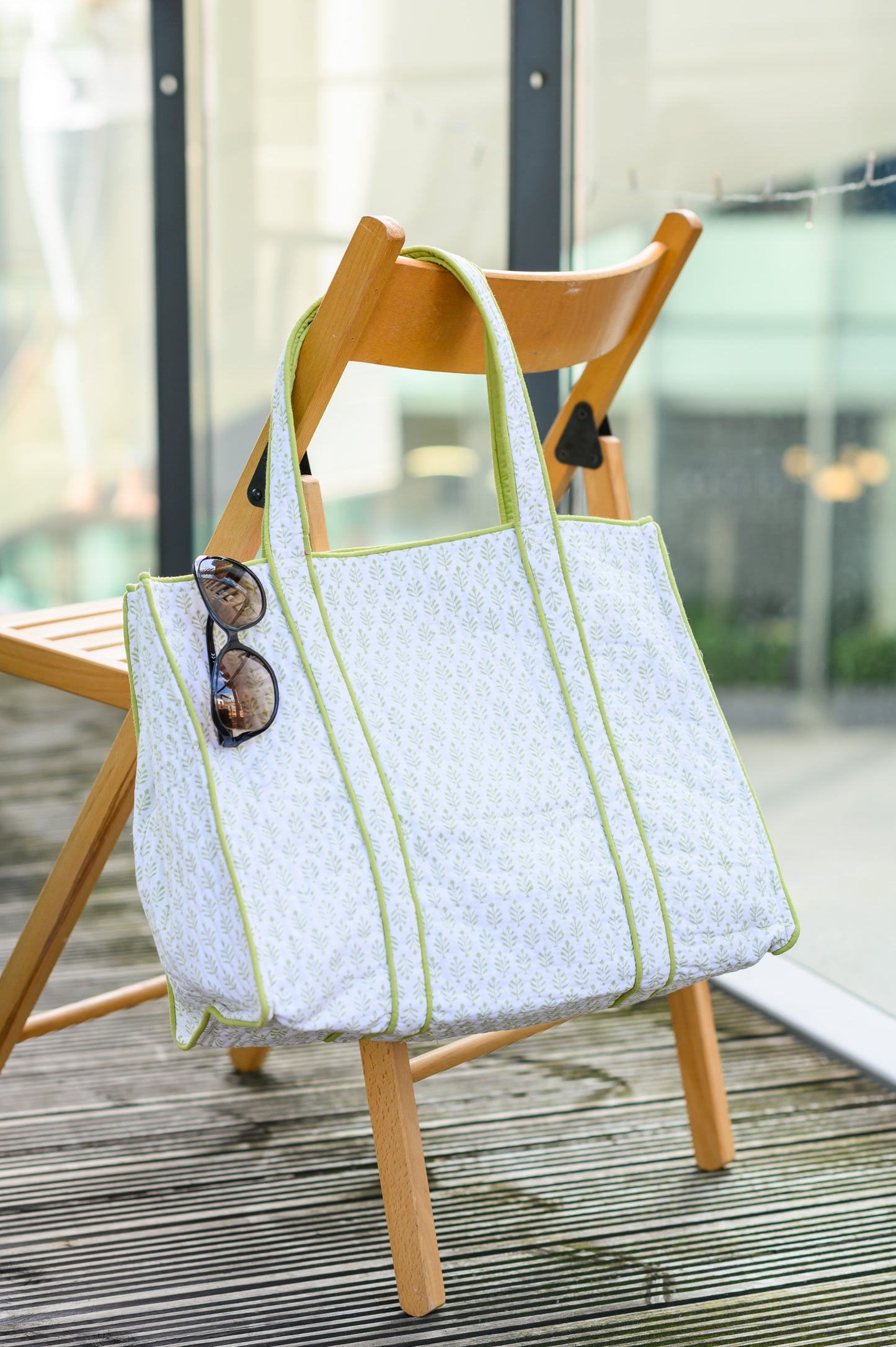 LIGHT GREEN BOOTI BLOCK PRINT QUILTED TOTE BAG