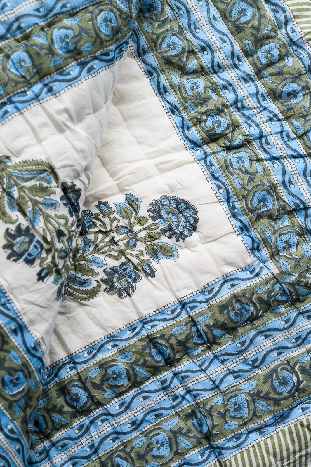 FLORAL BOOTI BLOCK PRINT PIQUE QUILT - BLUE & GREEN