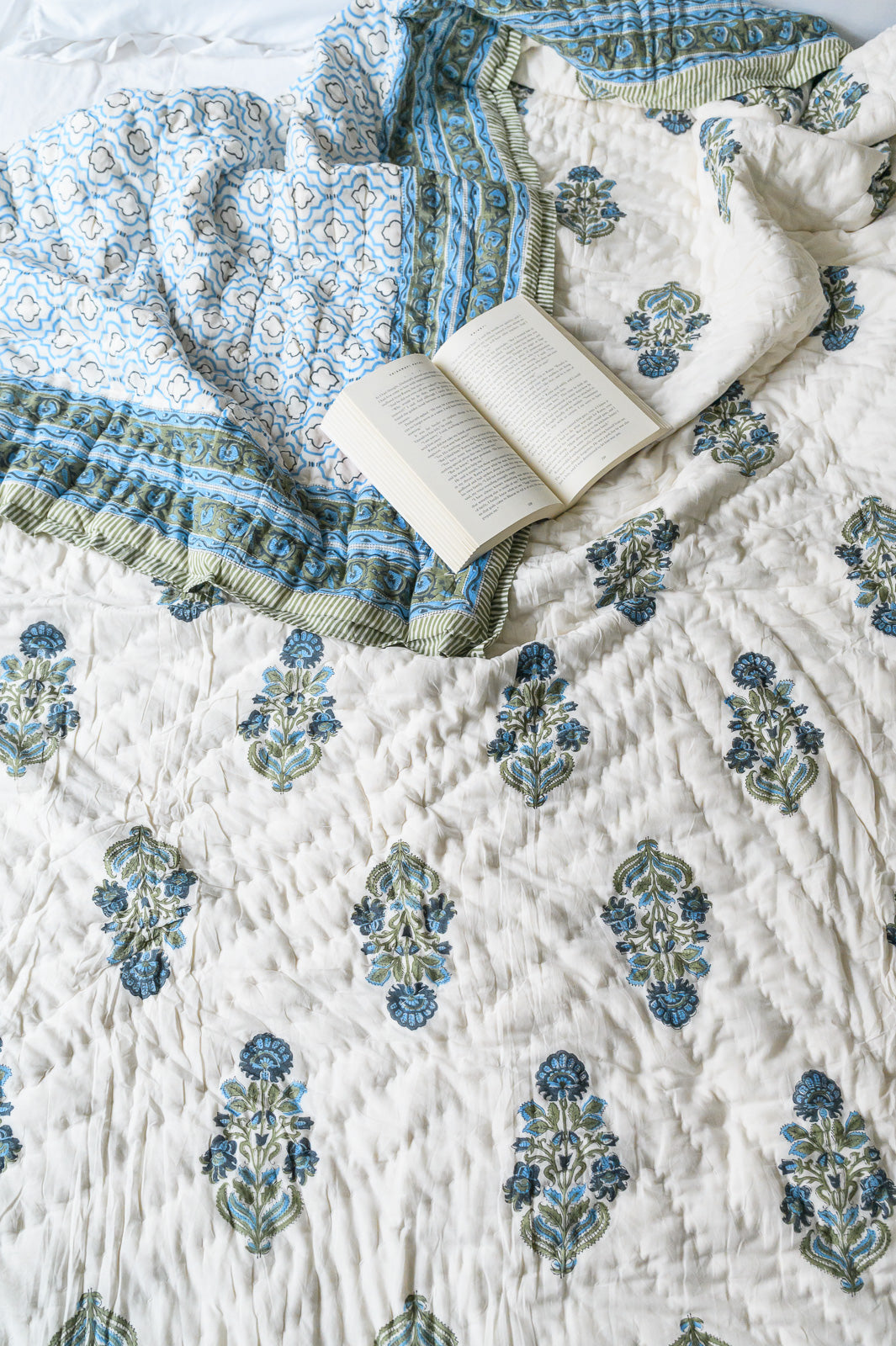 FLORAL BOOTI BLOCK PRINT PIQUE QUILT - BLUE & GREEN